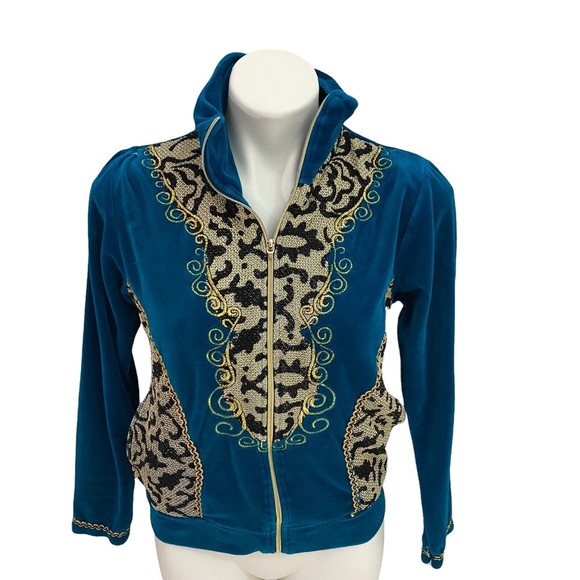 Koc & Grup womens Track Jacket Medium Velour Turquoise Blue Zip Up Mock Neck - Picture 12 of 12